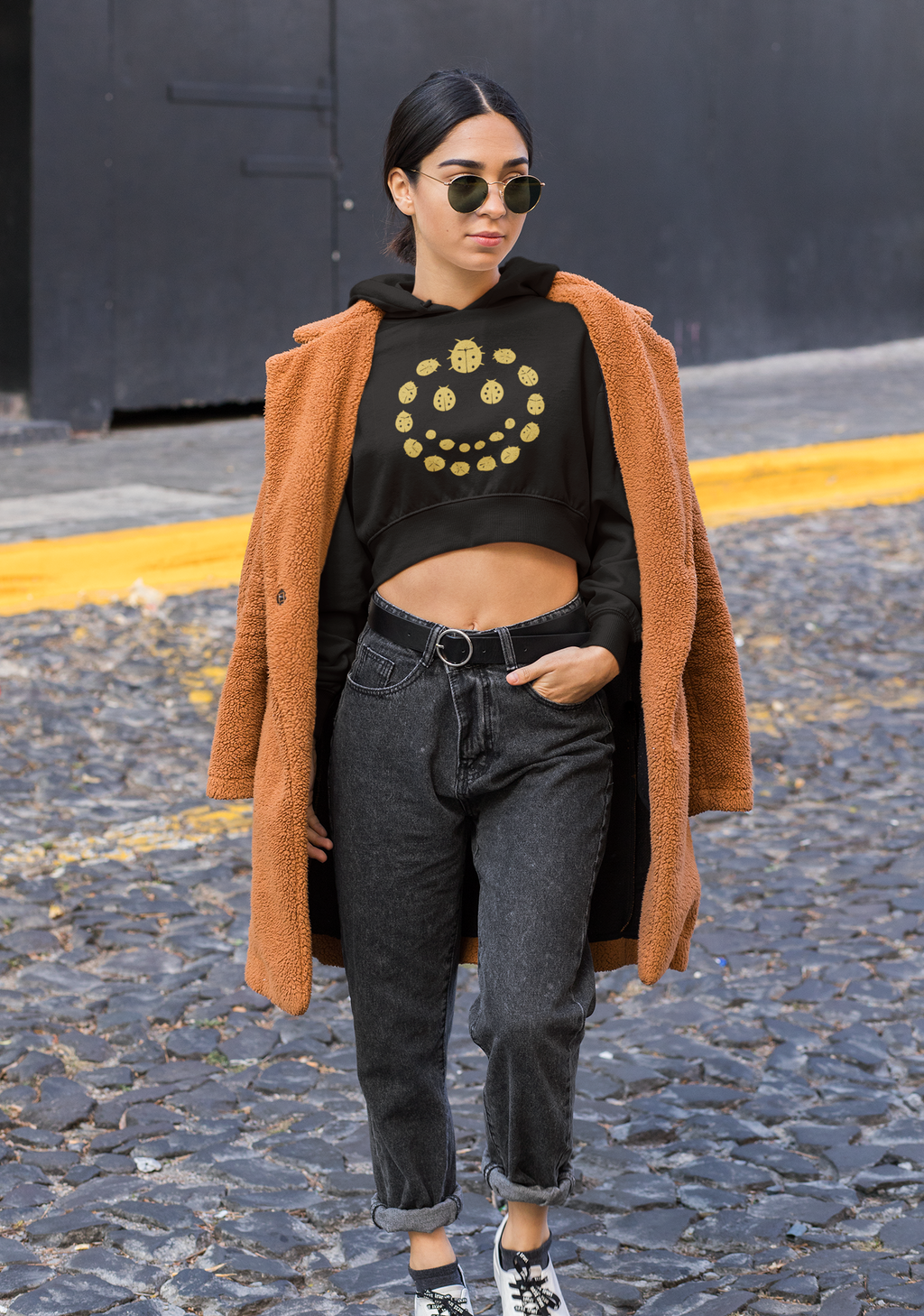 Gold Ladybug Cropped Hoodie, Trendy Women's Hoodie, Cute Casual Sweatshirt, Gift for Her, Summer Fashion, Comfortable Lifestyle