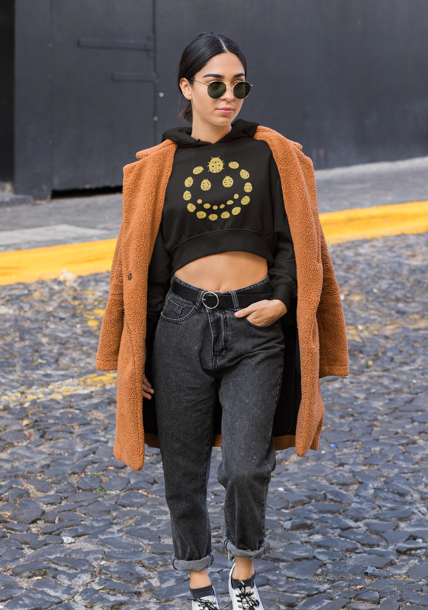 Gold Ladybug Cropped Hoodie, Trendy Women's Hoodie, Cute Casual Sweatshirt, Gift for Her, Summer Fashion, Comfortable Lifestyle