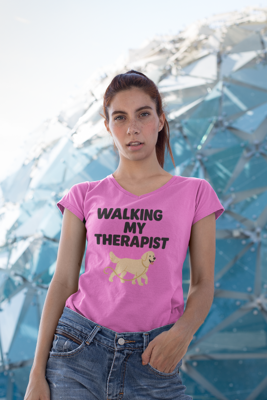 Dog Walking Therapy Ladies' V-Neck T-Shirt, Women's Graphic Tee, Pet Lover Gift, Animal Print Top, Casual Apparel