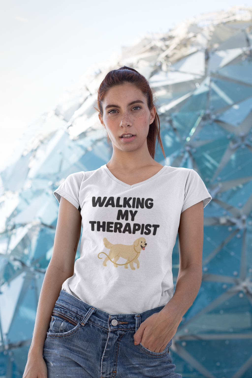 Dog Walking Therapy Ladies' V-Neck T-Shirt, Women's Graphic Tee, Pet Lover Gift, Animal Print Top, Casual Apparel