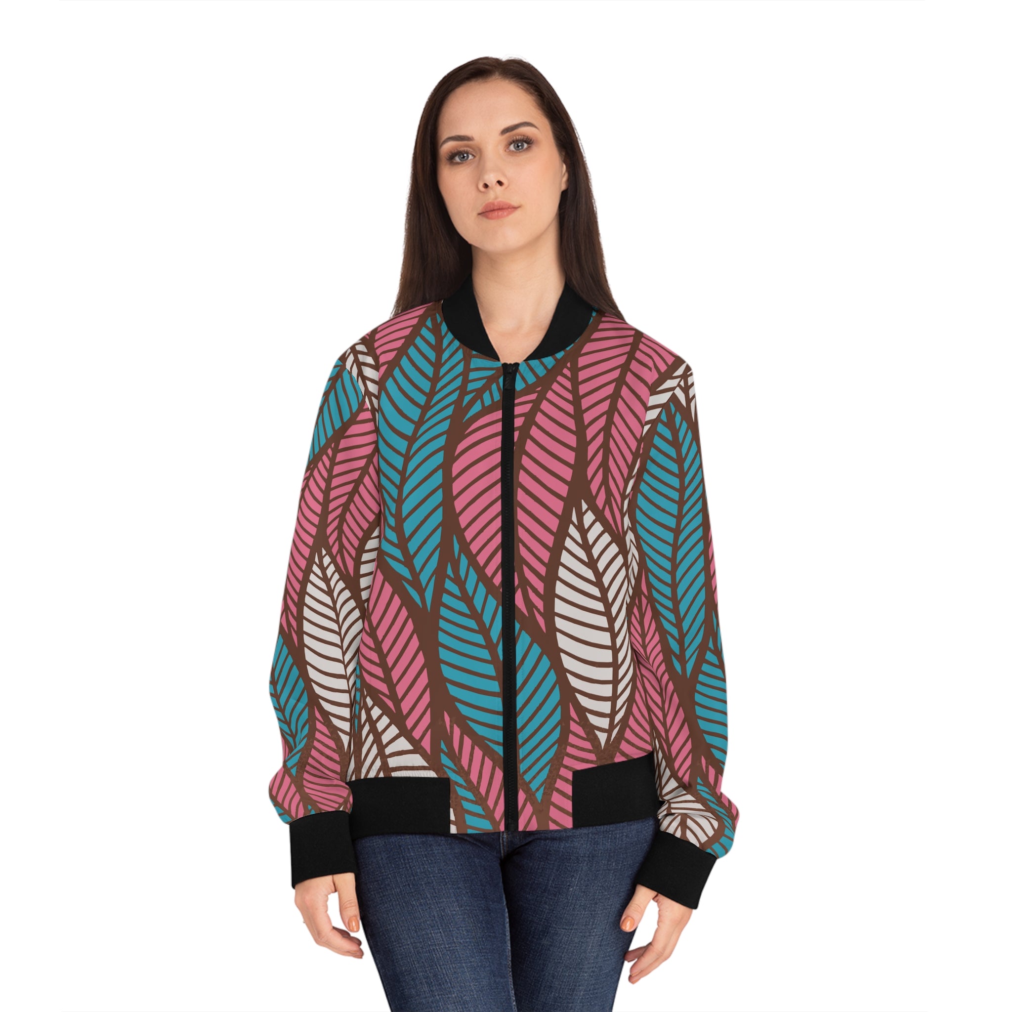 Ankara Women's Bomber Jacket with Leaf Design, Trendy Fall Layering, Stylish Gift for Her, Unique Outfit, Comfortable Fashion Statement