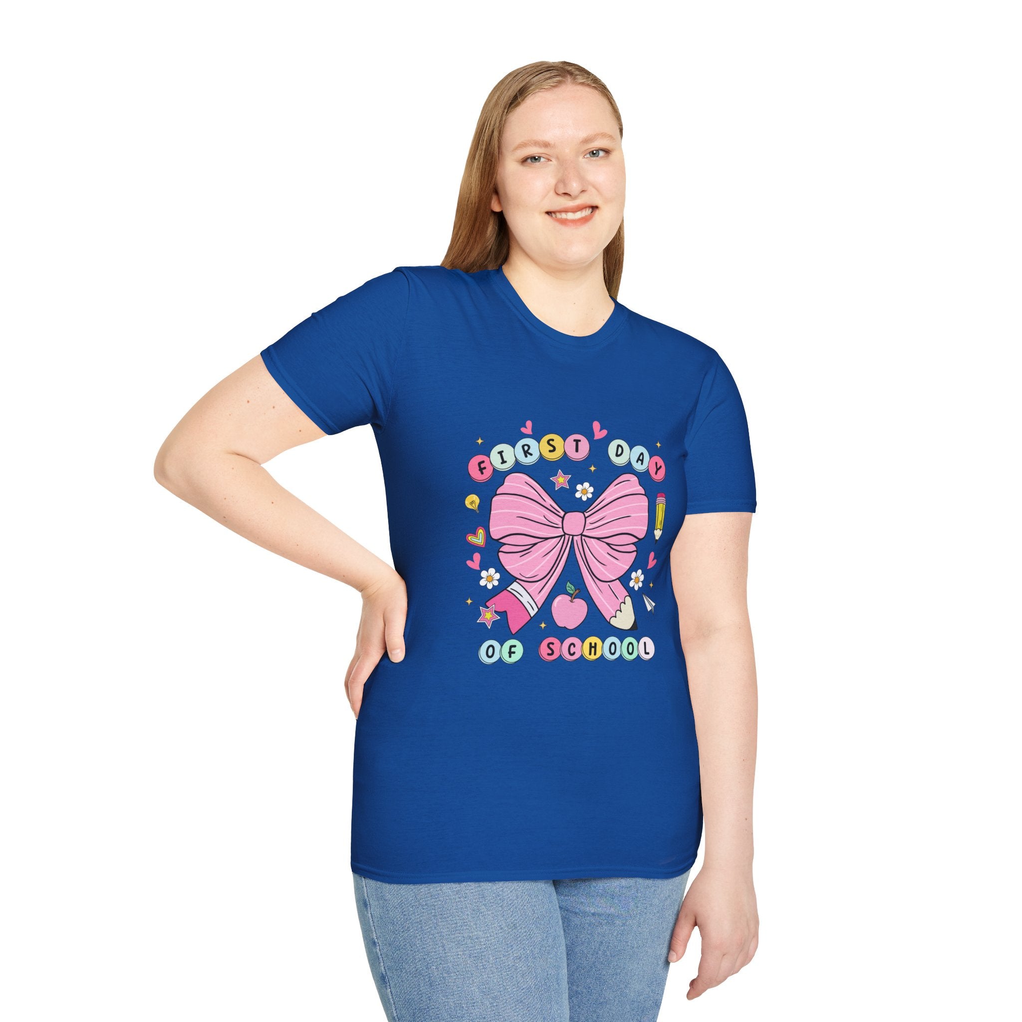 First Day of School Unisex T-Shirt - Cute Kids Tee, Back-to-School Shirt, Gift for Students, Colorful Bow Design, Fun School Apparel