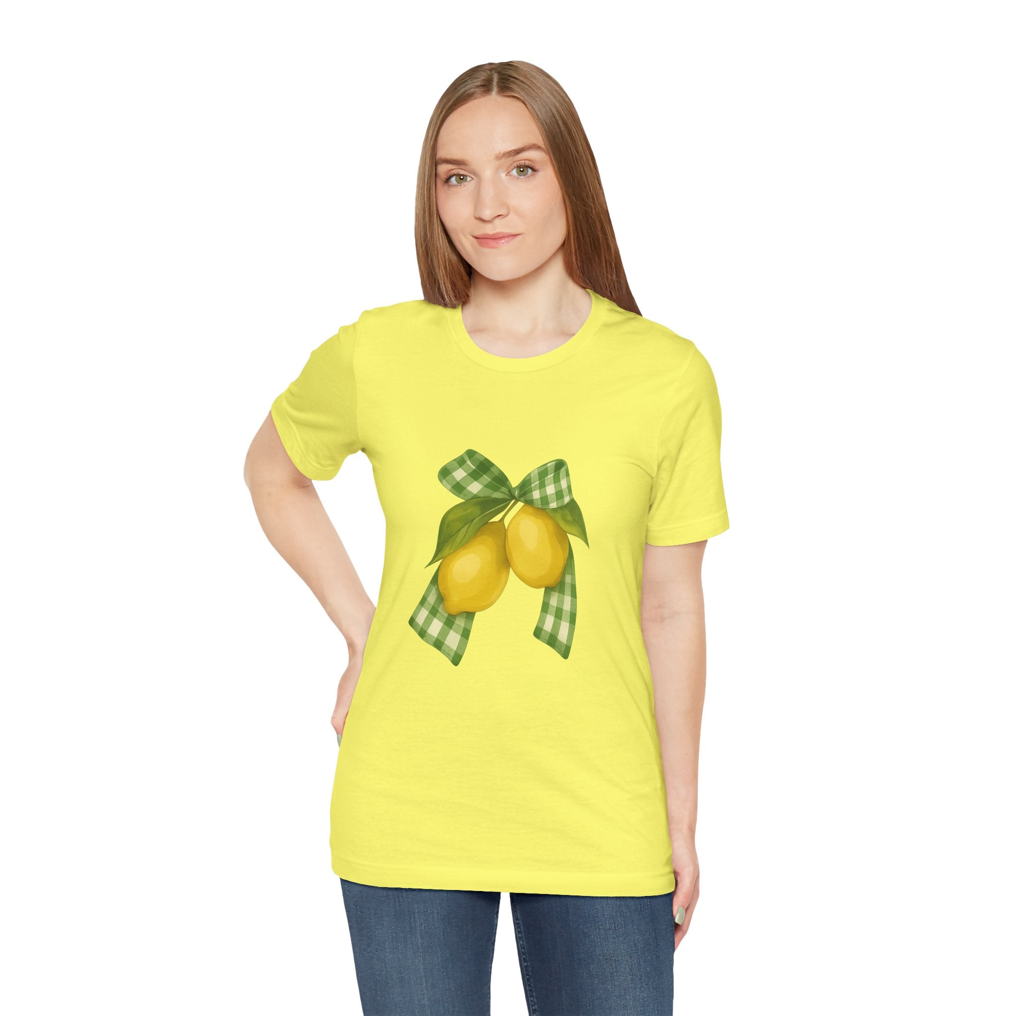 Lemon Bow Tee, Unisex Short Sleeve Shirt, Cute Summer Shirt, Gift for Her, Vintage Style Tee, Lemonade Stand Inspiration