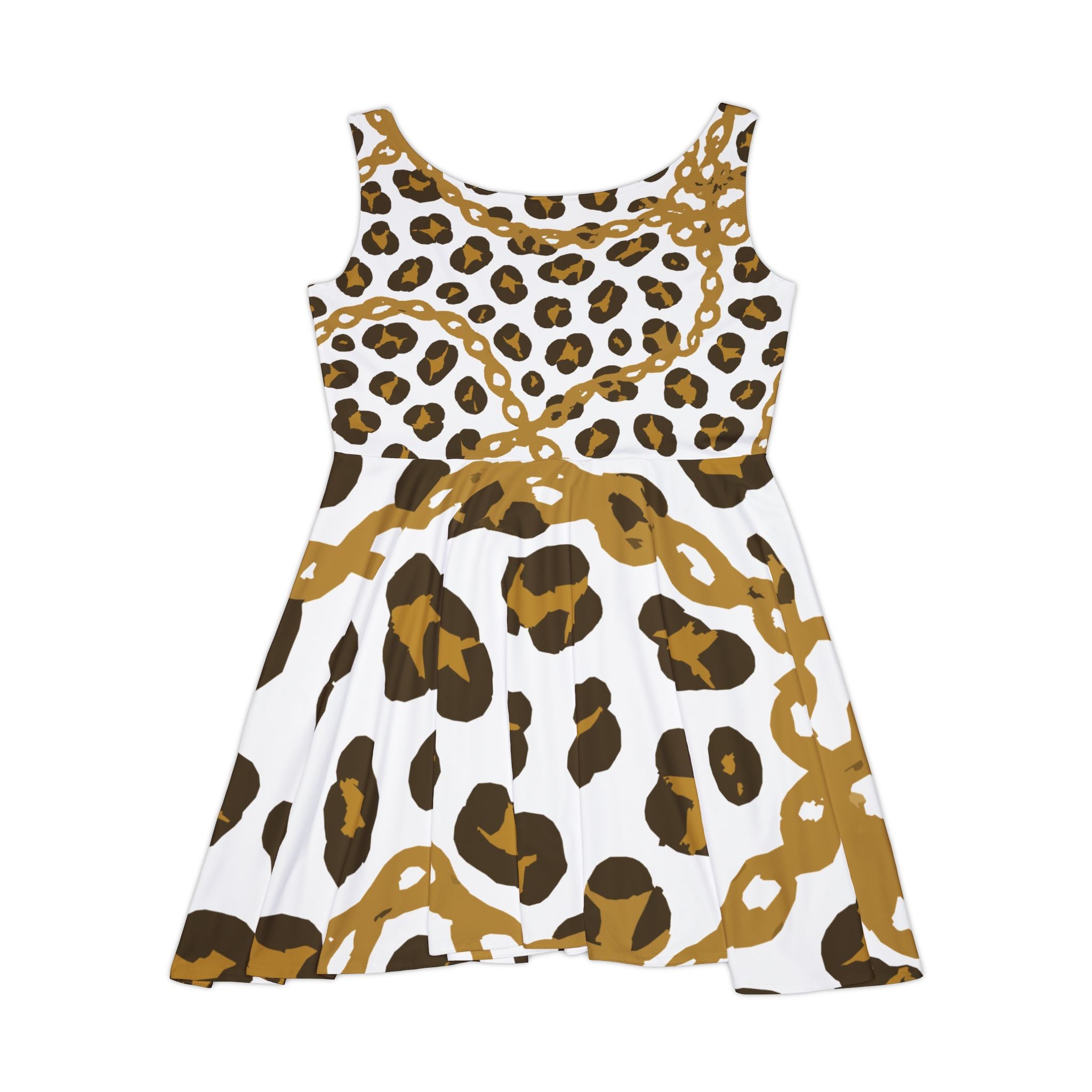 Leopard Print Skater Dress, Animal Print Gold Chain Women's Dress, Stylish Party Outfit, Trendy Sundress, Summer Fashion Dress
