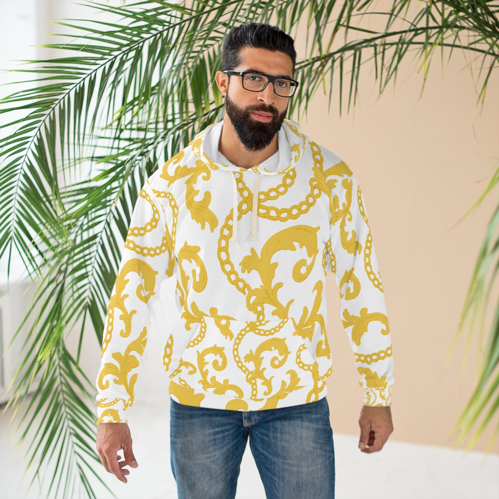 Stylish Yellow Patterned Unisex Pullover Hoodie, AOP Hoodie, Gift for Her, Cozy Fall Layering, Fashionable Streetwear, Lounge Wear