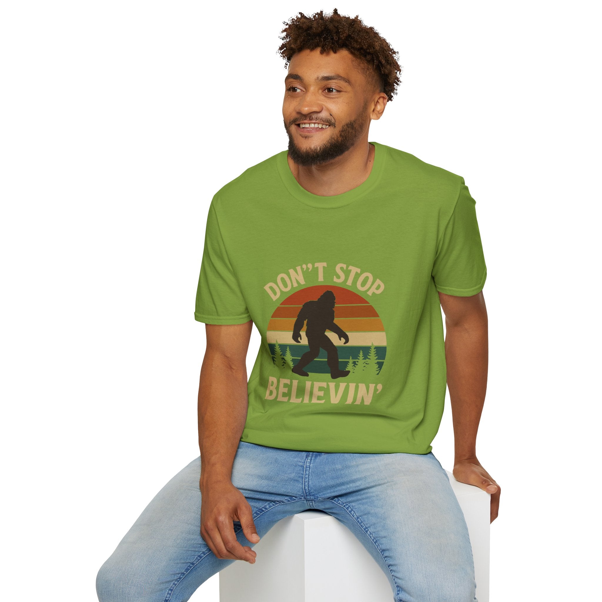 Don't Stop Believin' Unisex Softstyle T-Shirt, Inspirational Tee, Music Lover Gift, Motivational Shirt, Retro Graphic Top
