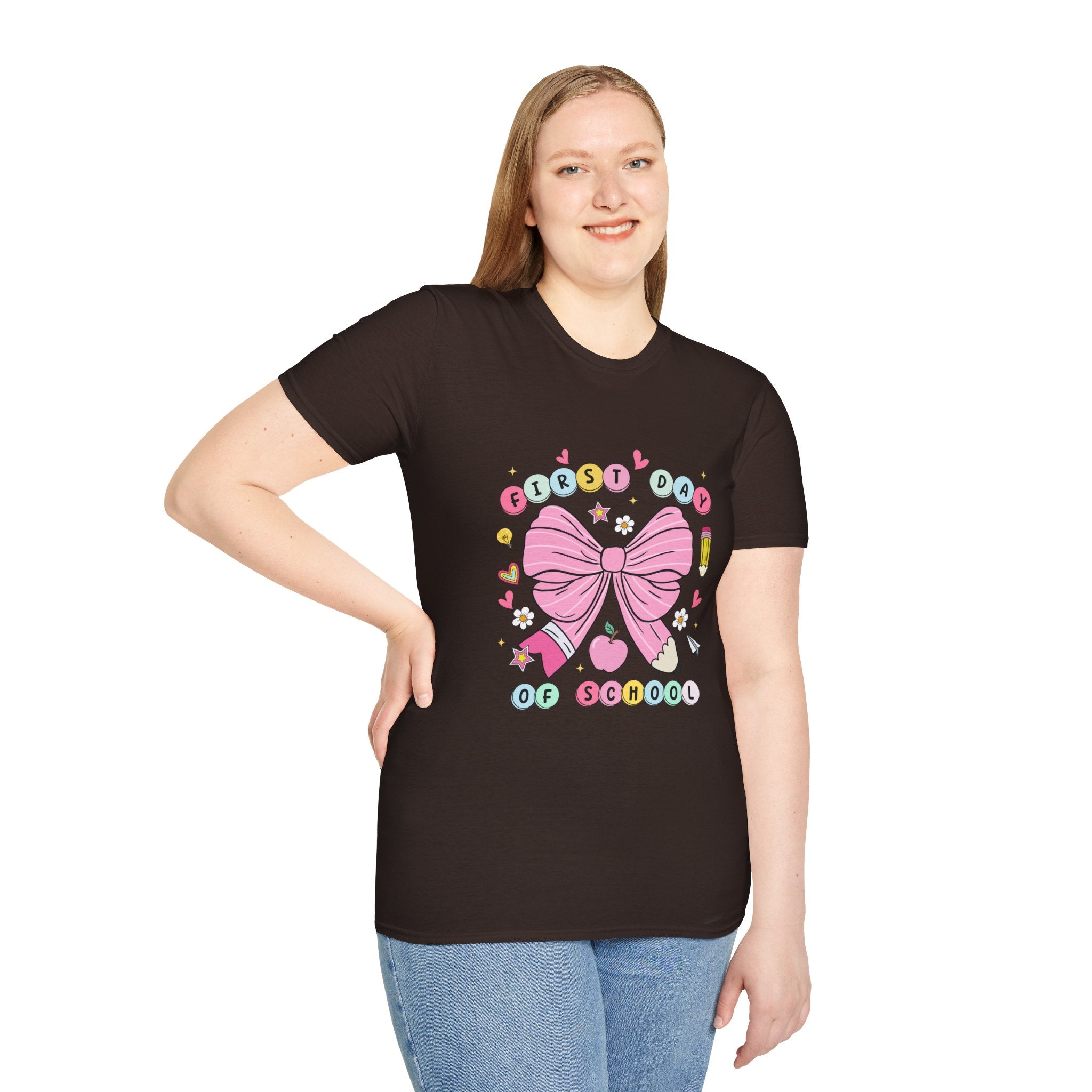 First Day of School Unisex T-Shirt - Cute Kids Tee, Back-to-School Shirt, Gift for Students, Colorful Bow Design, Fun School Apparel