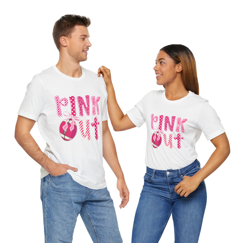 Cute Pink 'PINK OUT' Unisex Tee, Perfect for Breast Cancer Awareness, Casual Wear, Gift for Friends, Fundraising Events, or Team Spirit