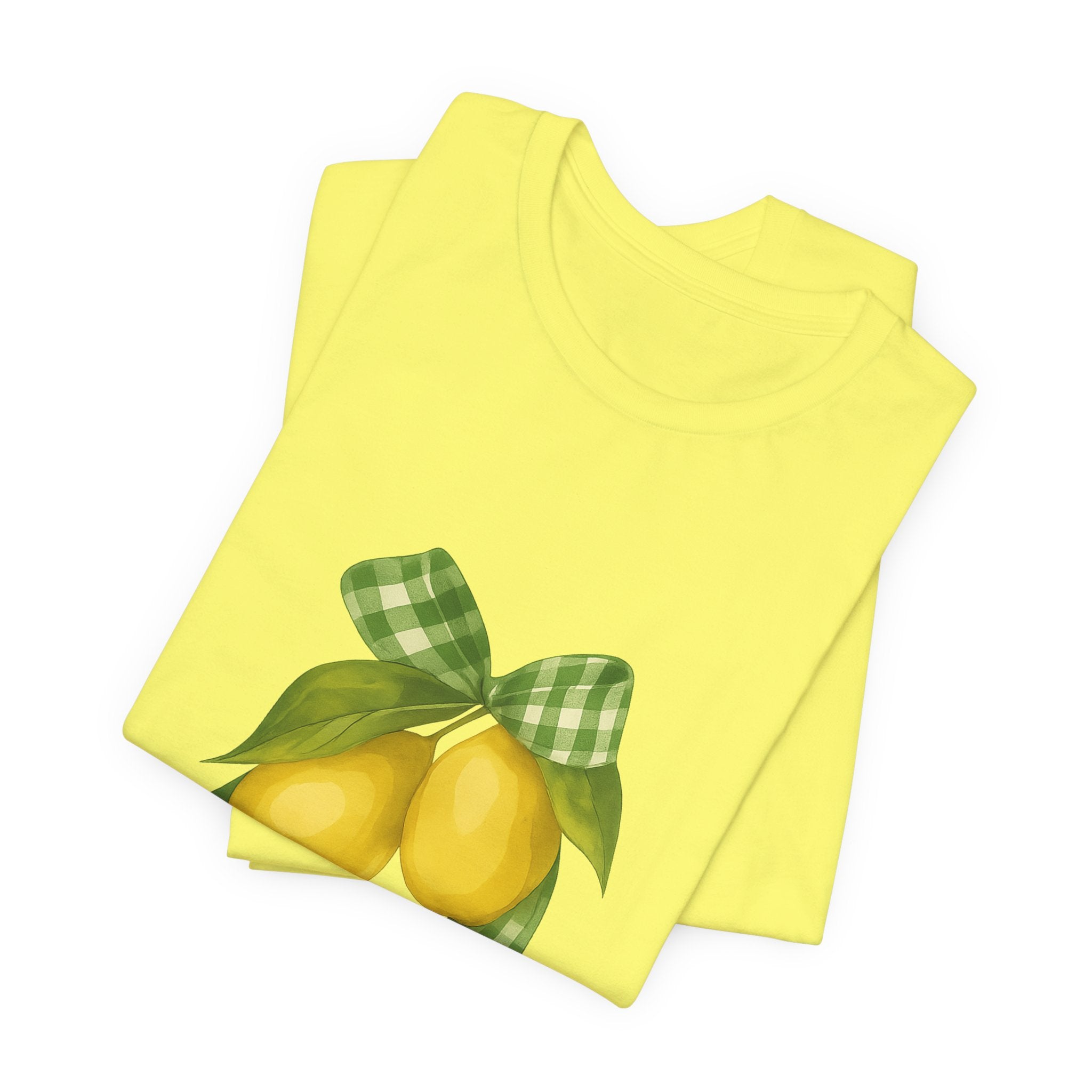 Lemon Bow Tee, Unisex Short Sleeve Shirt, Cute Summer Shirt, Gift for Her, Vintage Style Tee, Lemonade Stand Inspiration
