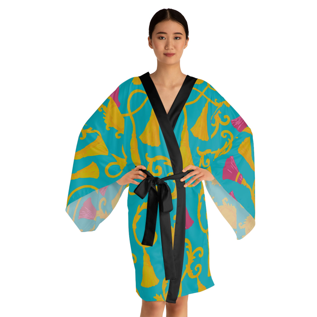 Vibrant Tassel Print Long Sleeve Kimono Robe, Relaxed Lounge Wear, Gift for Her, Beach Cover-Up, Cozy Homewear, Mother's Day, Spa Day