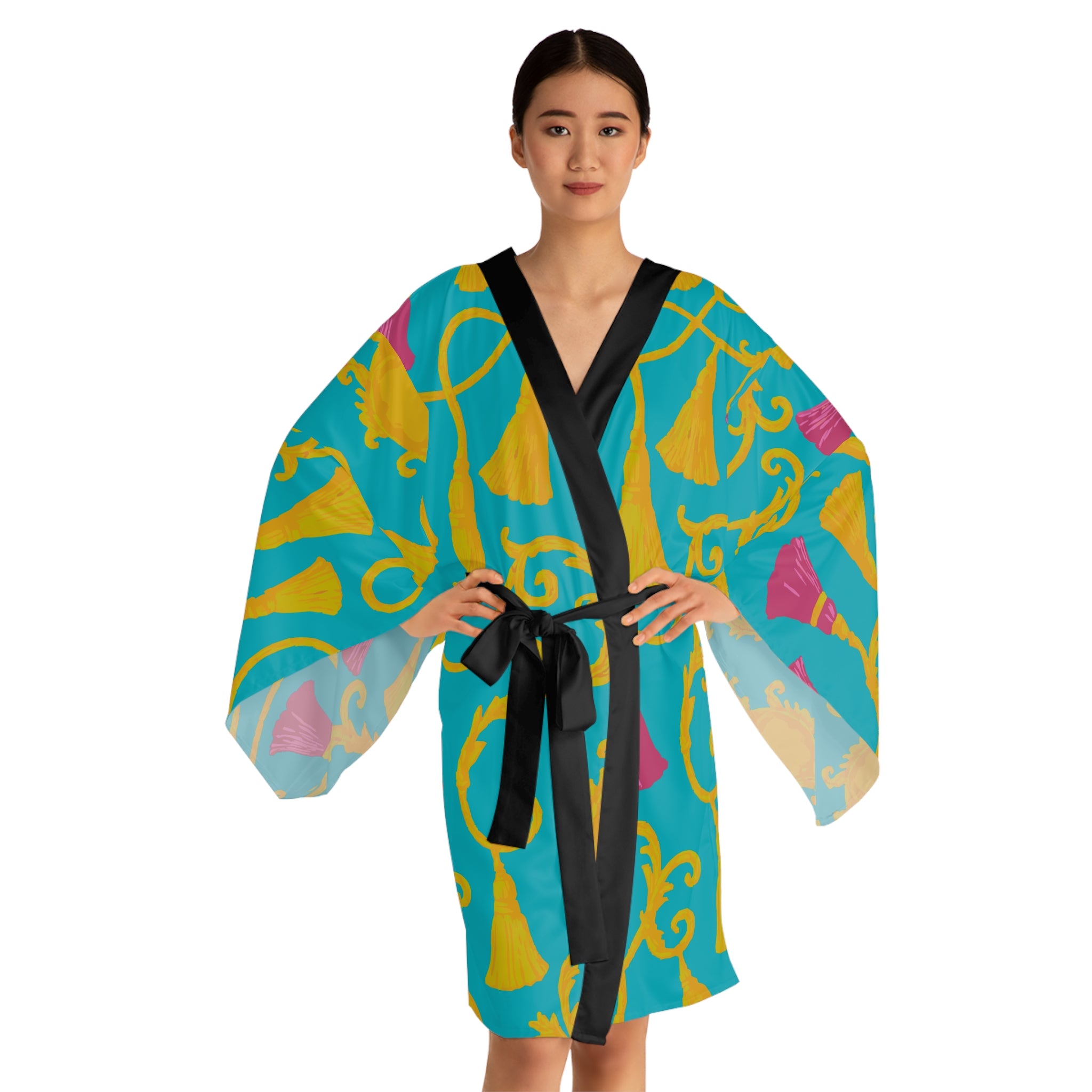Vibrant Tassel Print Long Sleeve Kimono Robe, Relaxed Lounge Wear, Gift for Her, Beach Cover-Up, Cozy Homewear, Mother's Day, Spa Day