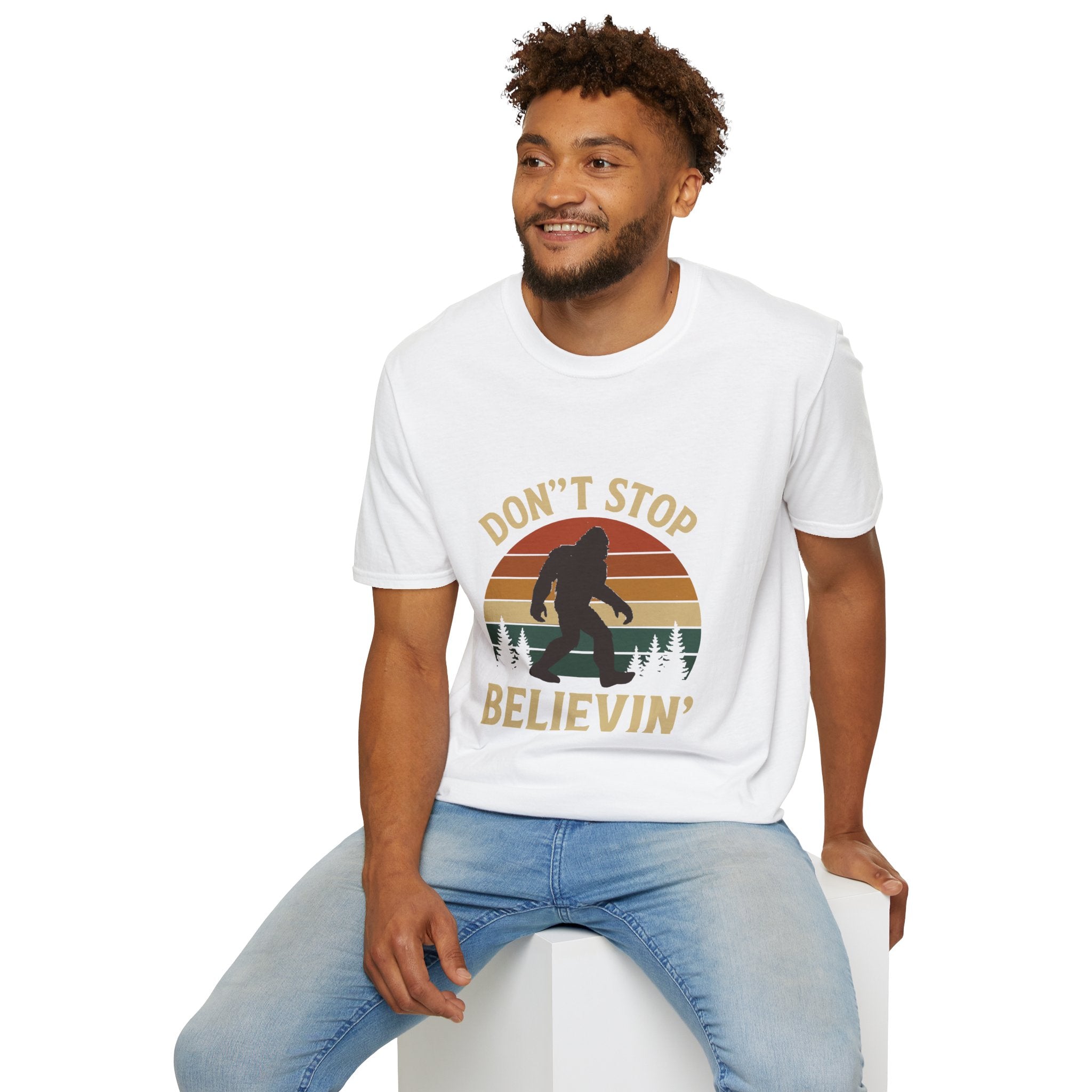 Don't Stop Believin' Unisex Softstyle T-Shirt, Inspirational Tee, Music Lover Gift, Motivational Shirt, Retro Graphic Top