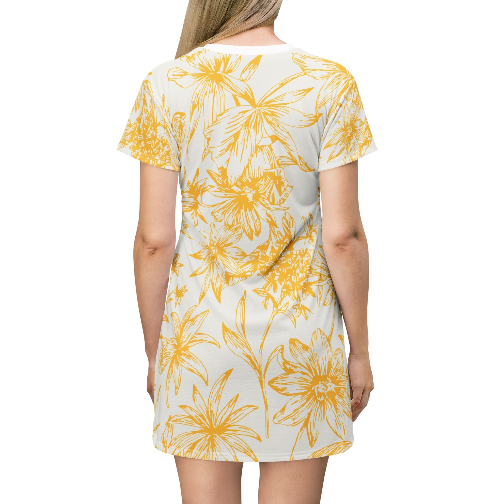 Yellow Floral AOP T-Shirt Dress, Casual Summer Dress, Boho Dress, Gift for Her, Beach Outfit, Vacation Wear