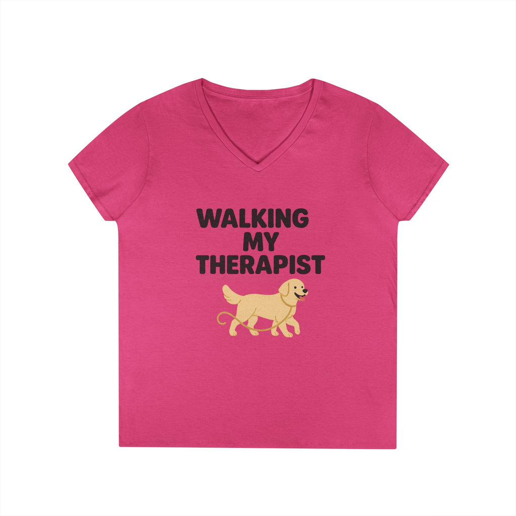 Dog Walking Therapy Ladies' V-Neck T-Shirt, Women's Graphic Tee, Pet Lover Gift, Animal Print Top, Casual Apparel