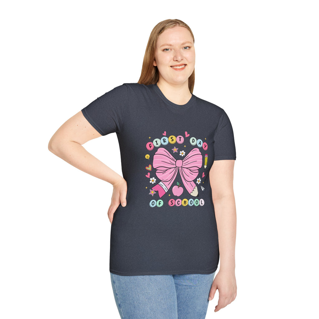First Day of School Unisex T-Shirt - Cute Kids Tee, Back-to-School Shirt, Gift for Students, Colorful Bow Design, Fun School Apparel