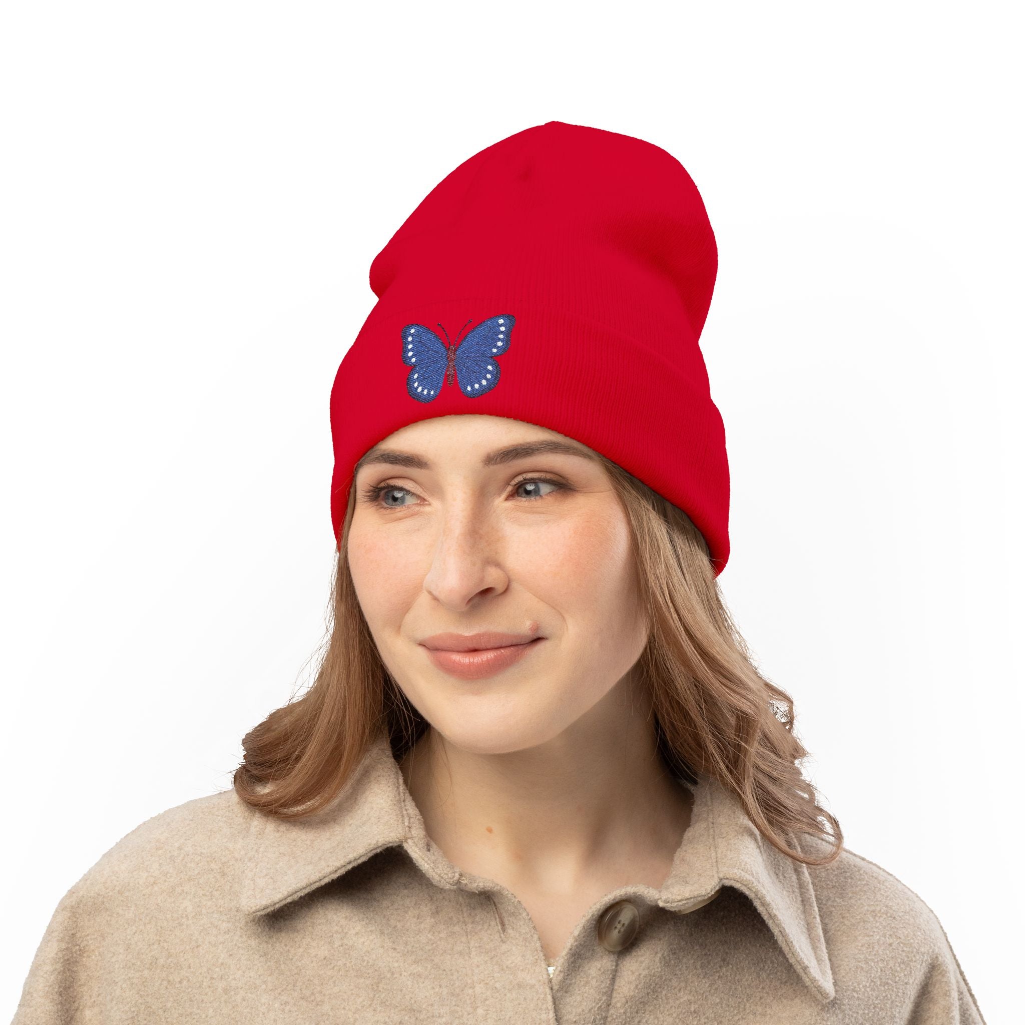 Butterfly Embroidered Knit Beanie, Cozy Winter Hat, Gift for Her, Outdoor Accessories, Fashion Beanie, Unique Headwear