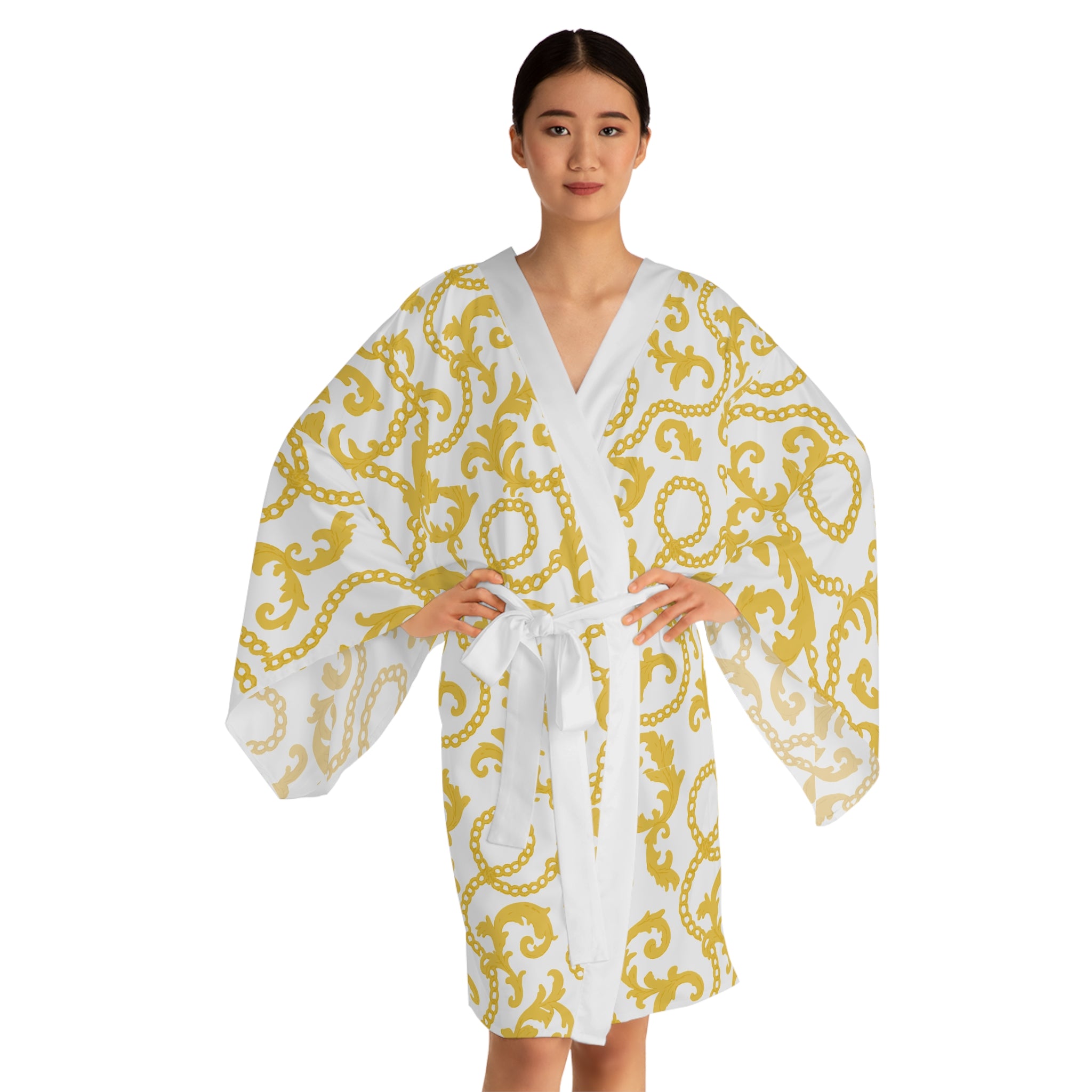 Kimono Robe, Soft Life Glam Chains, yellow/white Bathrobe, Lounge Wear, Silk Robe, Fashion Robe, Spa Robe, Cozy Robe