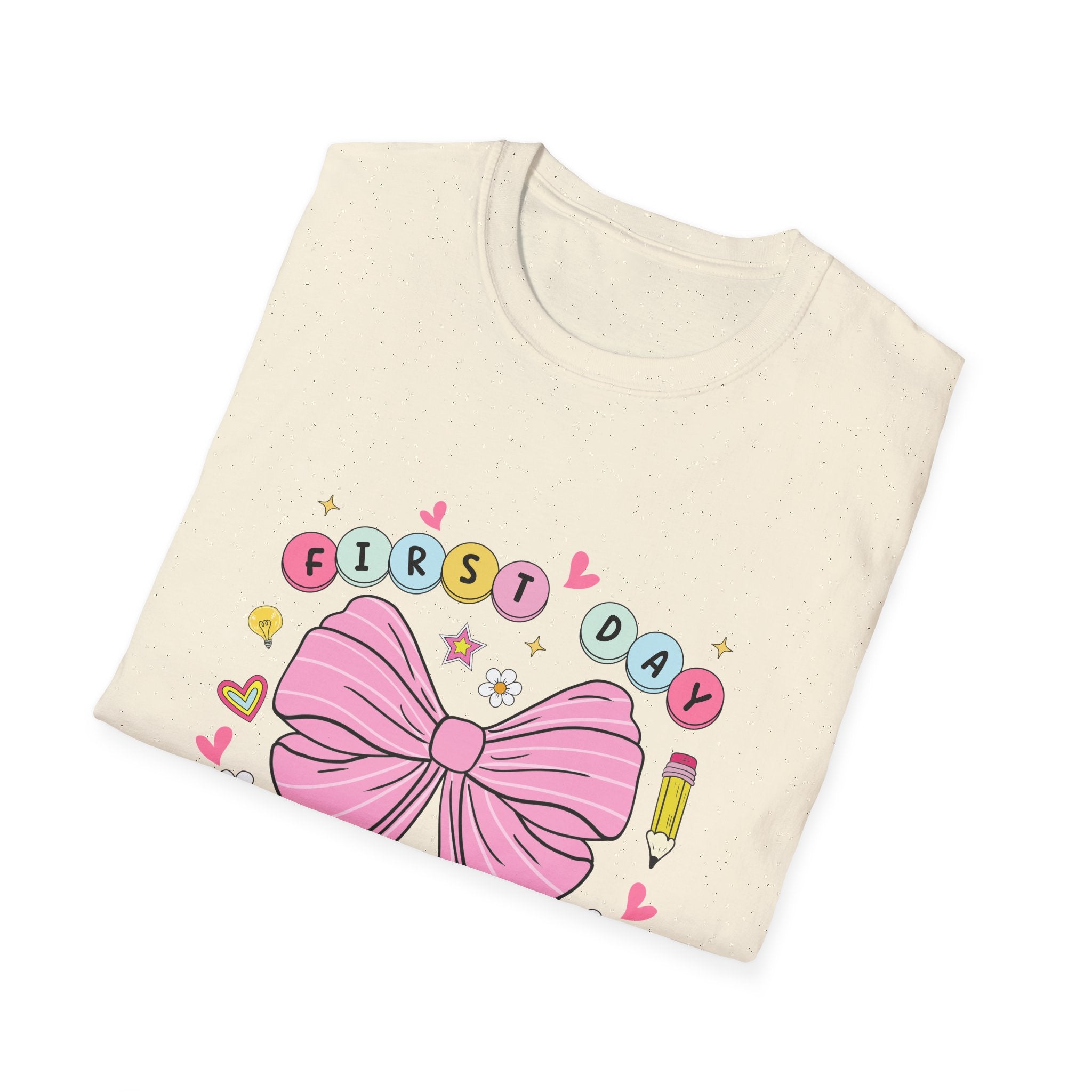 First Day of School Unisex T-Shirt - Cute Kids Tee, Back-to-School Shirt, Gift for Students, Colorful Bow Design, Fun School Apparel