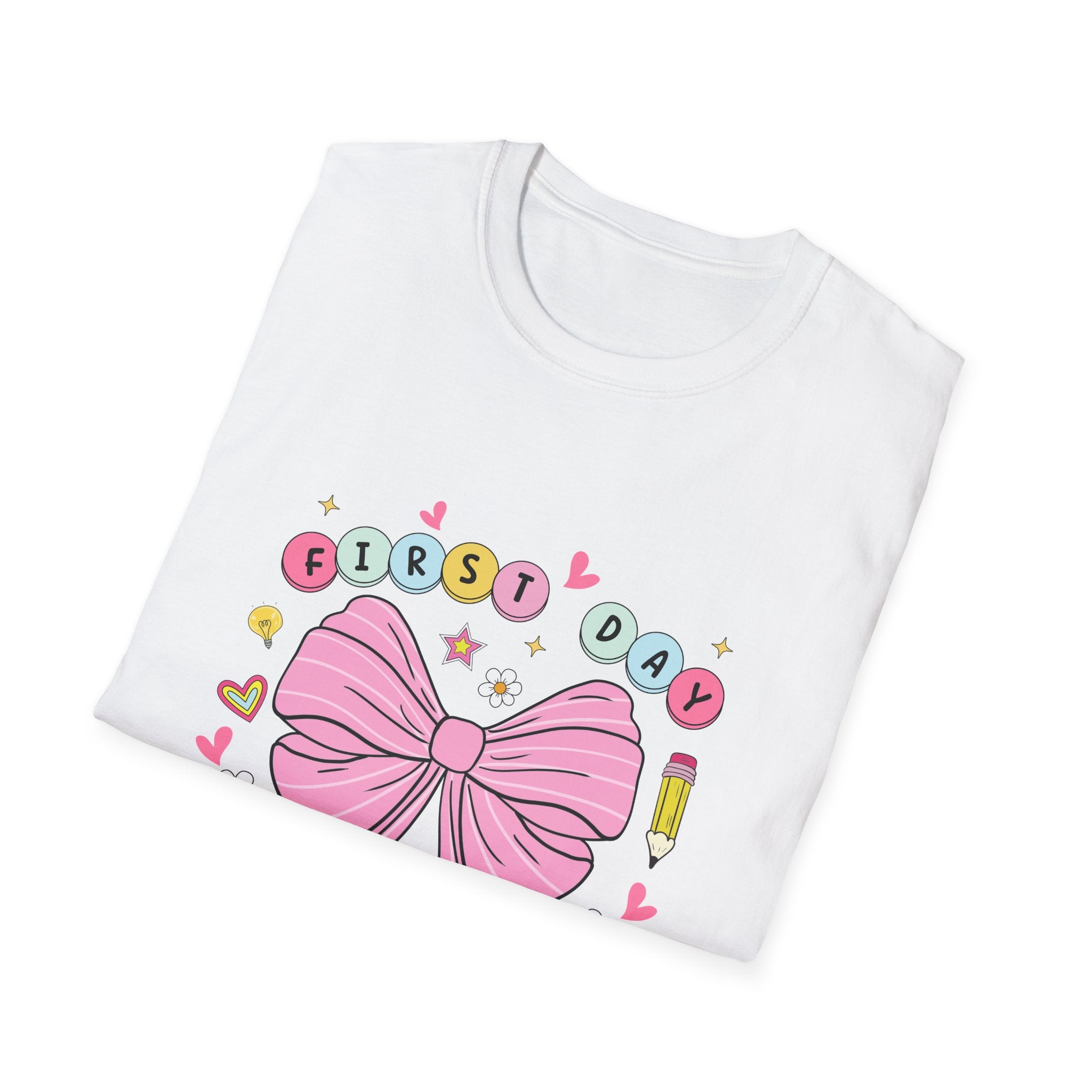 First Day of School Unisex T-Shirt - Cute Kids Tee, Back-to-School Shirt, Gift for Students, Colorful Bow Design, Fun School Apparel