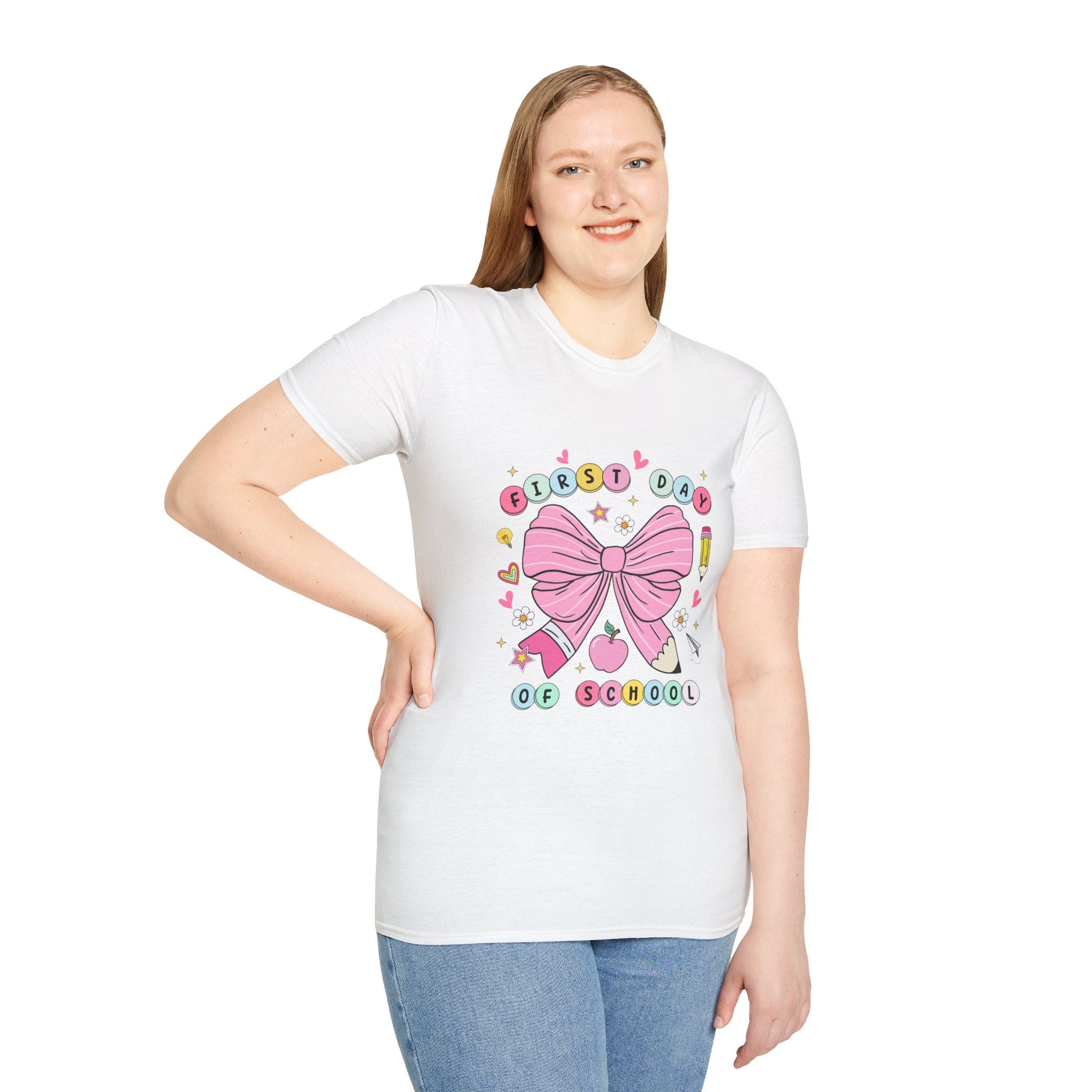 First Day of School Unisex T-Shirt - Cute Kids Tee, Back-to-School Shirt, Gift for Students, Colorful Bow Design, Fun School Apparel