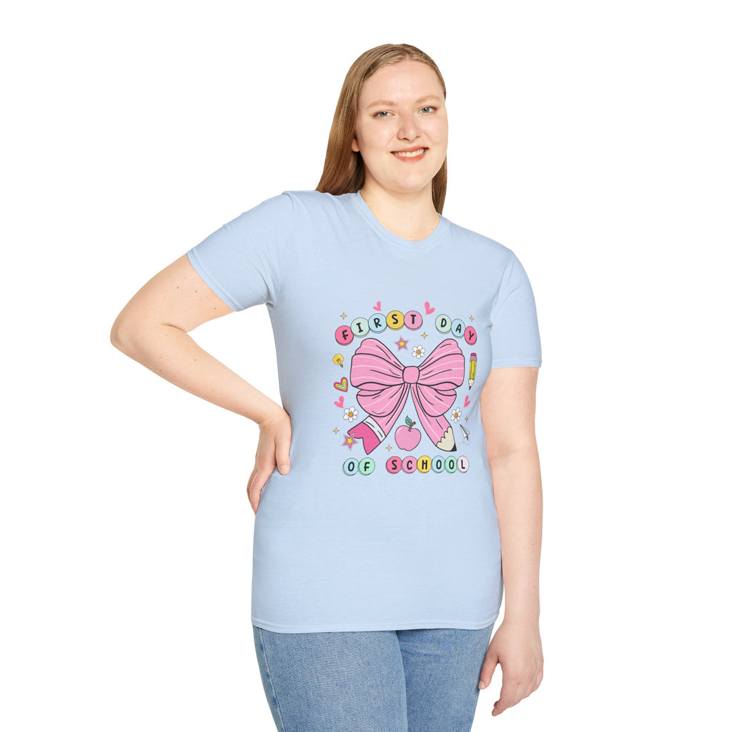 First Day of School Unisex T-Shirt - Cute Kids Tee, Back-to-School Shirt, Gift for Students, Colorful Bow Design, Fun School Apparel