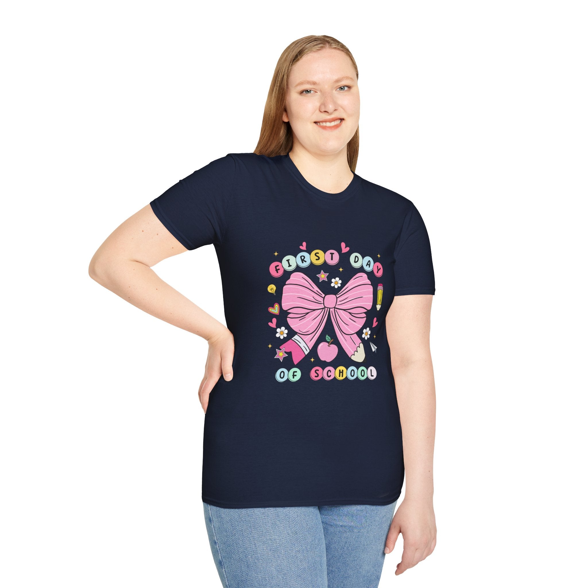 First Day of School Unisex T-Shirt - Cute Kids Tee, Back-to-School Shirt, Gift for Students, Colorful Bow Design, Fun School Apparel