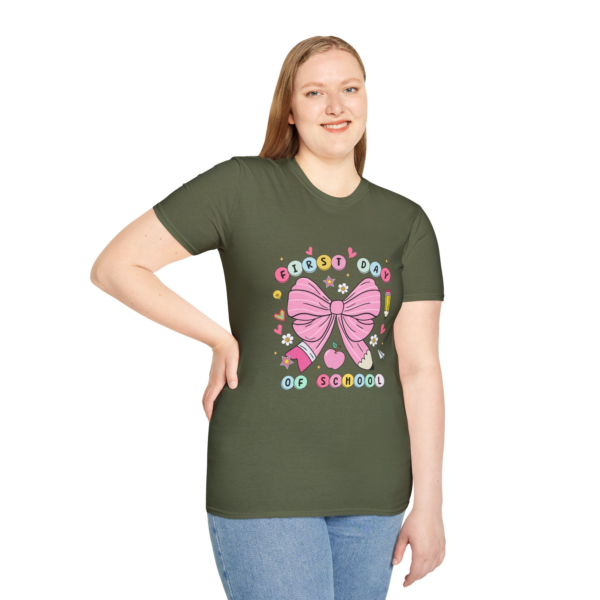 First Day of School Unisex T-Shirt - Cute Kids Tee, Back-to-School Shirt, Gift for Students, Colorful Bow Design, Fun School Apparel