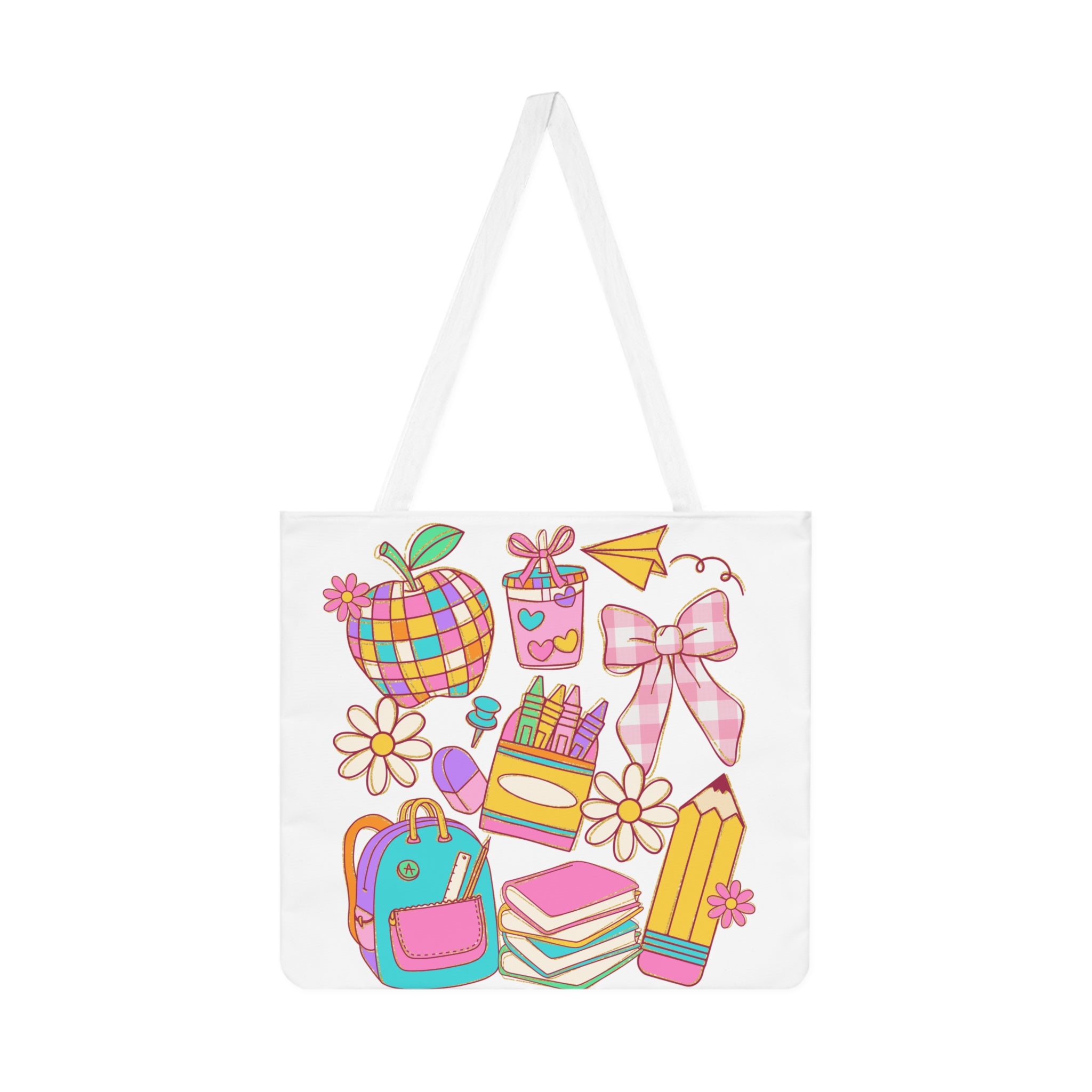 Colorful School Supplies Shoulder Tote Bag | Back to School, Shopping, Gym, Eco-Friendly, Beach Tote