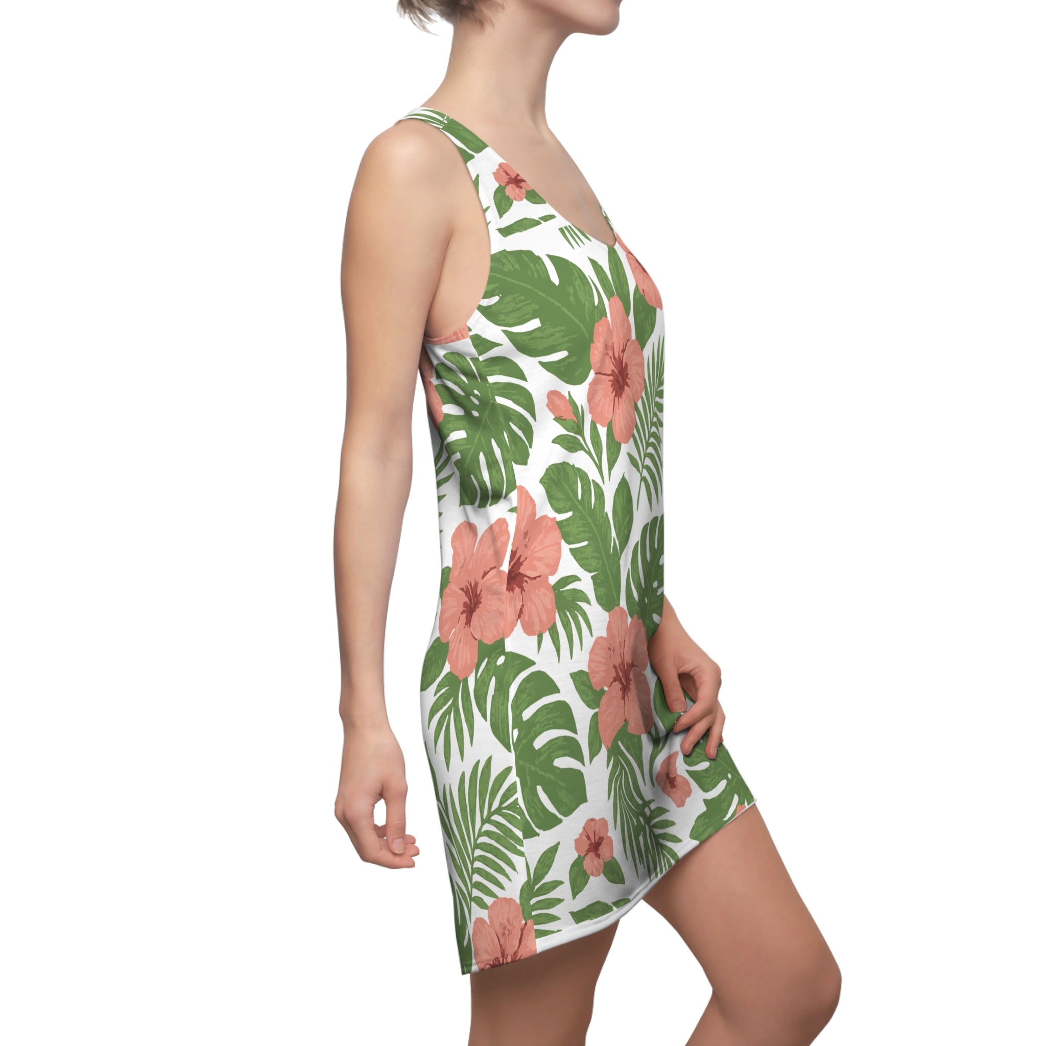 Dress, Tropical Palm & Hibiscus Women's Racerback, Floral Summer Sundress, Beach Vacation Outfit, Hawaiian Luau Party, Resort Wear,