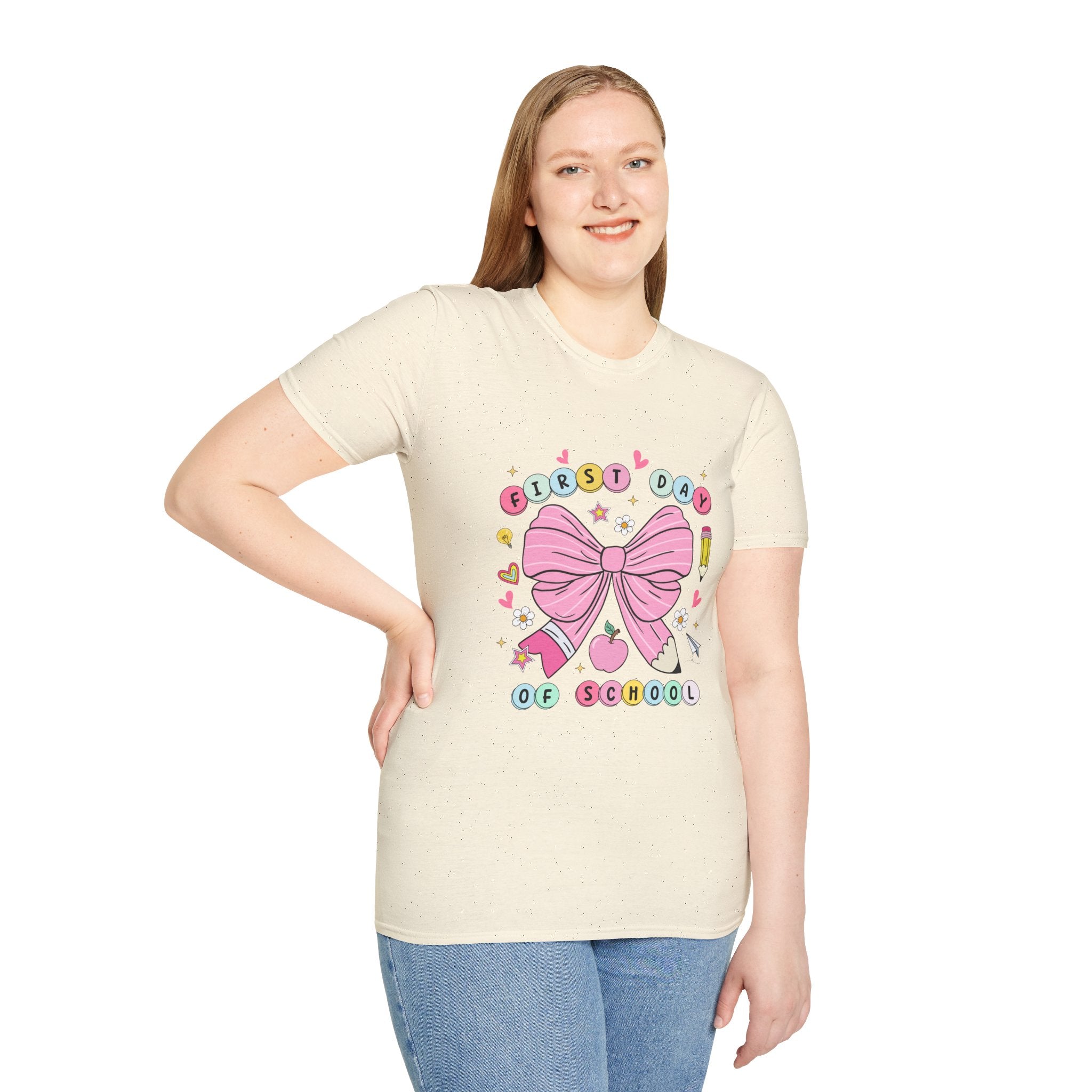 First Day of School Unisex T-Shirt - Cute Kids Tee, Back-to-School Shirt, Gift for Students, Colorful Bow Design, Fun School Apparel