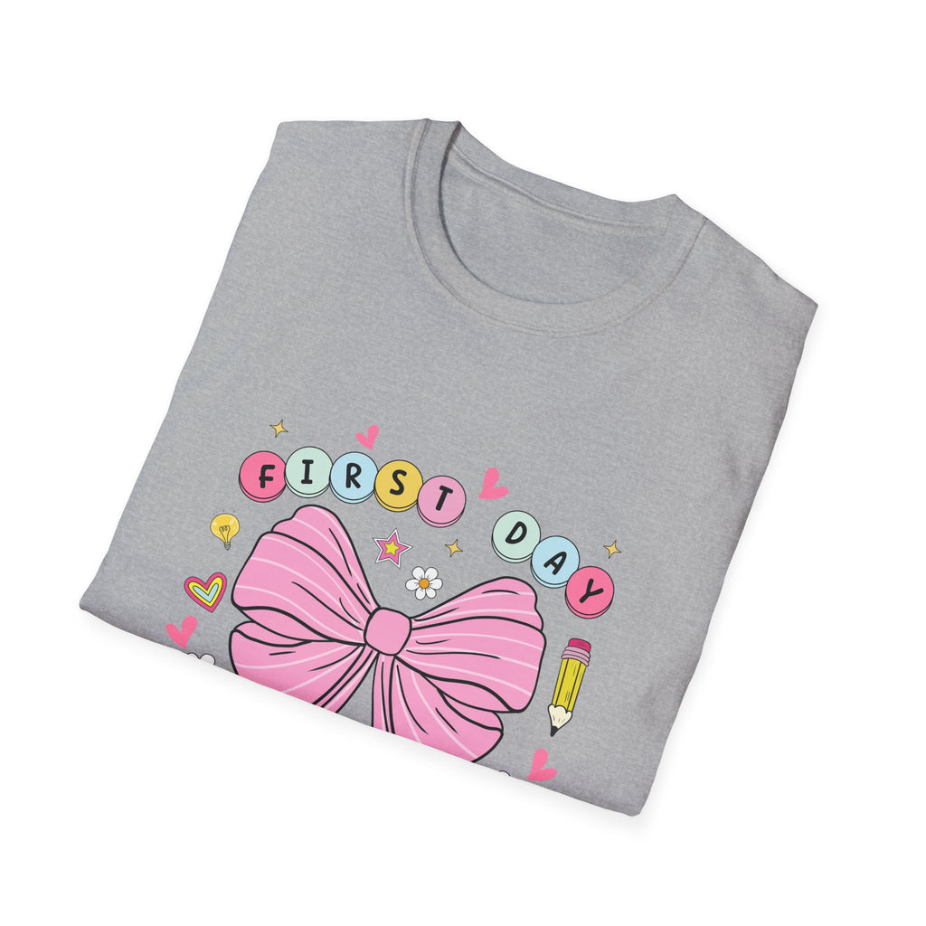 First Day of School Unisex T-Shirt - Cute Kids Tee, Back-to-School Shirt, Gift for Students, Colorful Bow Design, Fun School Apparel