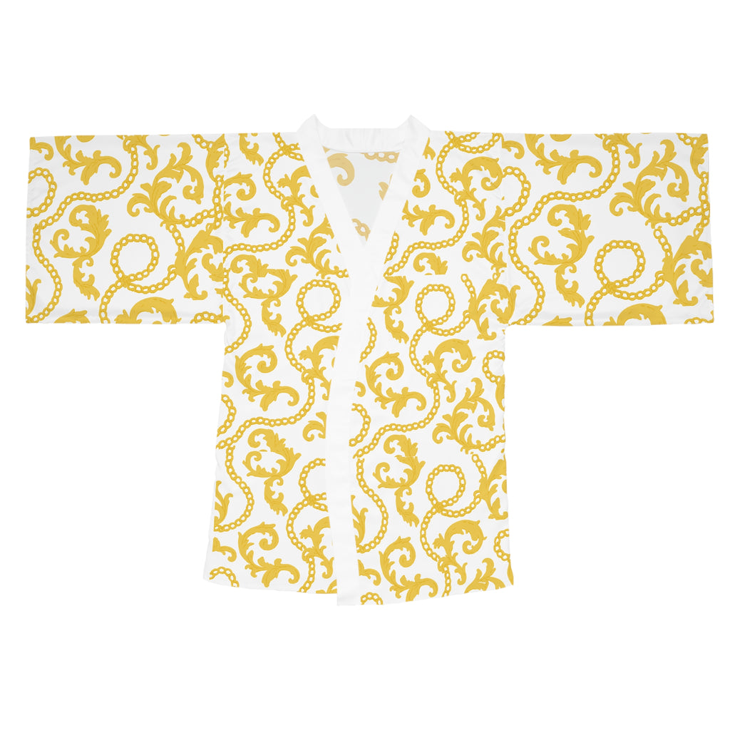 Kimono Robe, Soft Life Glam Chains, yellow/white Bathrobe, Lounge Wear, Silk Robe, Fashion Robe, Spa Robe, Cozy Robe